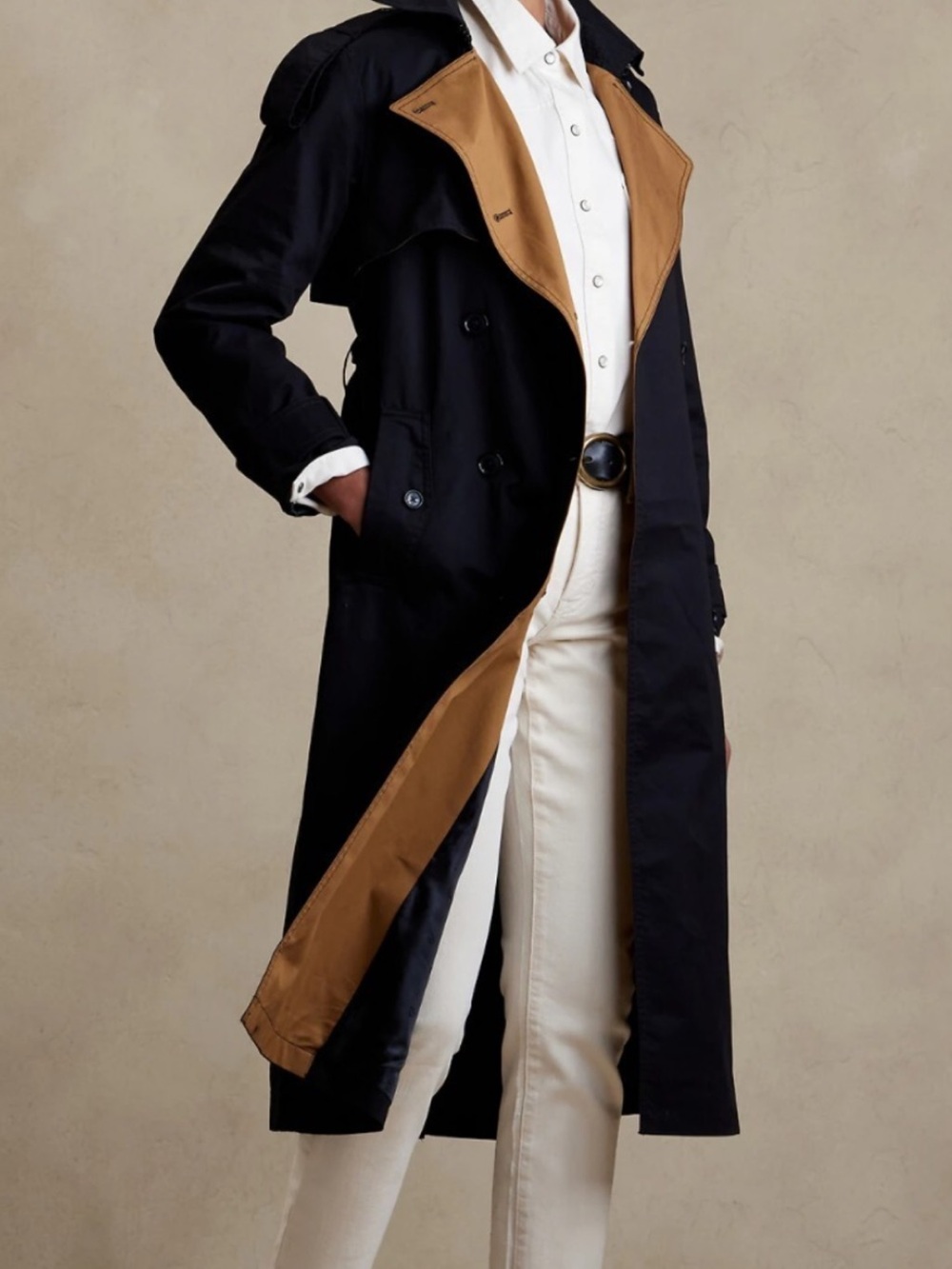 Banana Republic Long Black Trench Coat with Camel Lining